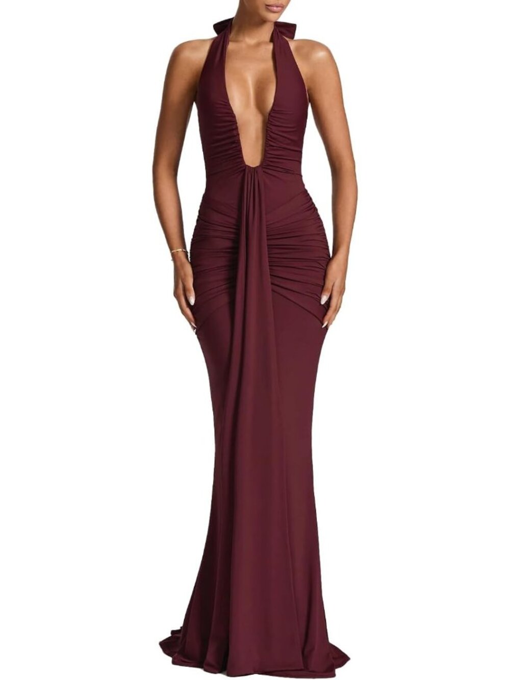 Women's Wine Red V Neck Ruched Polyester Sleeveless Halter Cocktail Maxi Dress